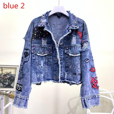 New Women's Denim Jacket Coat 2019 Jean Jackets Women Coats Female Denim Jacket Graffiti Rivet Jacket Girl Short Outerwear Blue