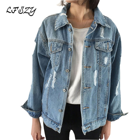 2019 Women's Modis Hole Denim Women's Jacket 2019 Spring Jacket Women's Mid-length Cardigan Casual Jacket Size S-XXXL