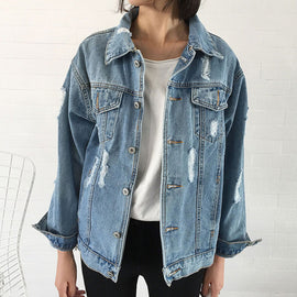 2019 Women's Modis Hole Denim Women's Jacket 2019 Spring Jacket Women's Mid-length Cardigan Casual Jacket Size S-XXXL