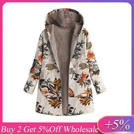 Winter Jacket for Women Plush Coat Plus Size Womens Warm Outwear Floral Print Hooded Pockets Oversize Coats куртка женская