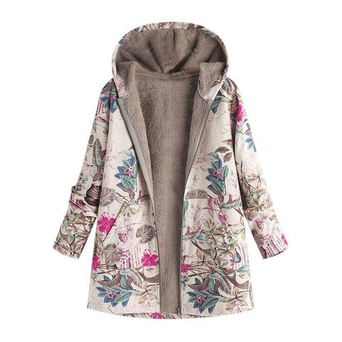 Winter Jacket for Women Plush Coat Plus Size Womens Warm Outwear Floral Print Hooded Pockets Oversize Coats куртка женская