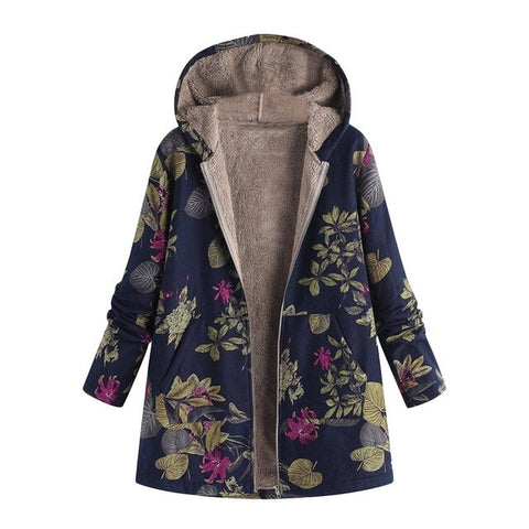 Winter Jacket for Women Plush Coat Plus Size Womens Warm Outwear Floral Print Hooded Pockets Oversize Coats куртка женская