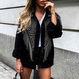 Punk Tassel Rivet Print Women Jacket Black Spring Fall 2019 Gothic Hip Hop Female Long Sleeve Outwear Overcoat Top Short Jackets