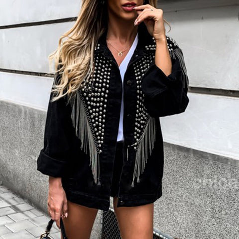 Punk Tassel Rivet Print Women Jacket Black Spring Fall 2019 Gothic Hip Hop Female Long Sleeve Outwear Overcoat Top Short Jackets