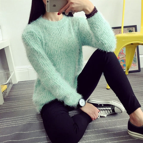 2016 Women Candy Colors Sweaters Fashion Autumn Winter Warm Mohair O-Neck Pullover Long Sleeve Casual Loose Sweater Knitted Tops