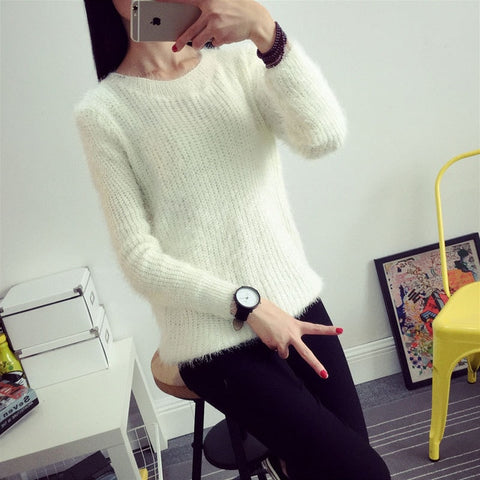 2016 Women Candy Colors Sweaters Fashion Autumn Winter Warm Mohair O-Neck Pullover Long Sleeve Casual Loose Sweater Knitted Tops