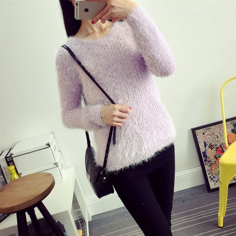 2016 Women Candy Colors Sweaters Fashion Autumn Winter Warm Mohair O-Neck Pullover Long Sleeve Casual Loose Sweater Knitted Tops