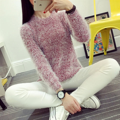 2016 Women Candy Colors Sweaters Fashion Autumn Winter Warm Mohair O-Neck Pullover Long Sleeve Casual Loose Sweater Knitted Tops