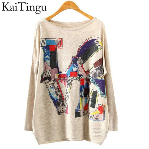 2017 New Autumn Winter Fashion Women Long Batwing Sleeve Knitted Print Warm Sweater Loose Blouse Jumper Pullover Knitwear Tops