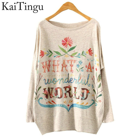 2017 New Autumn Winter Fashion Women Long Batwing Sleeve Knitted Print Warm Sweater Loose Blouse Jumper Pullover Knitwear Tops