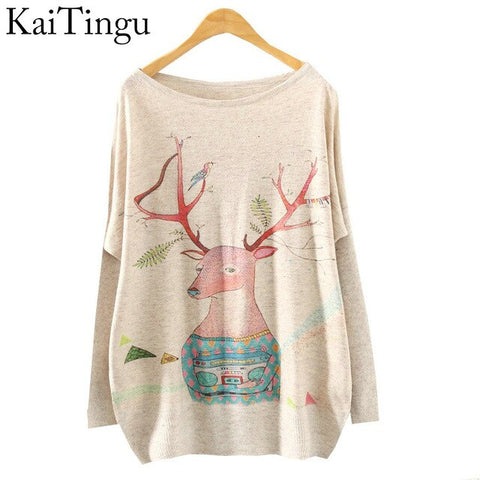 2017 New Autumn Winter Fashion Women Long Batwing Sleeve Knitted Print Warm Sweater Loose Blouse Jumper Pullover Knitwear Tops