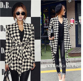 TFGS 2017 Fashion Spring Autumn Jacket Women Long Sleeve Houndstooth Print Top Casual Slim Belt Peplum Cardigan Coat Outerwear