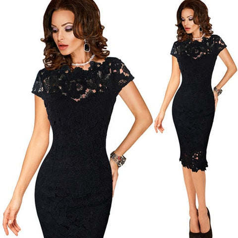 OTEN Office ladies dresses Elegant womens sexy lace hollow out knee length work office business sheath bodycon dress robe crayon