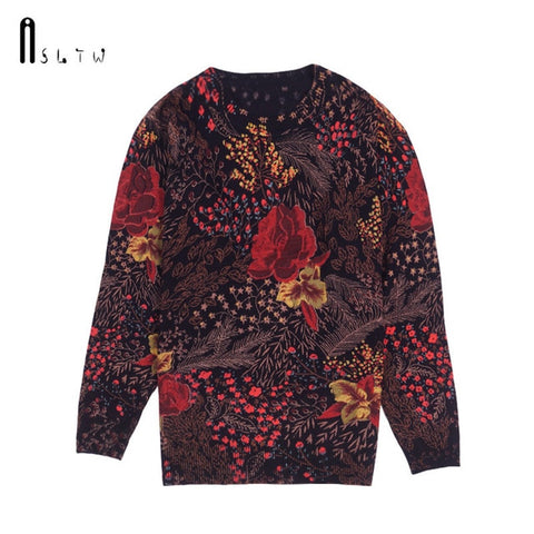 ASLTW Female Pullovers Autumn Fashion Print Long Sleeve O Neck Plus Size Print Flower Knitting Pullover Sweater For Women