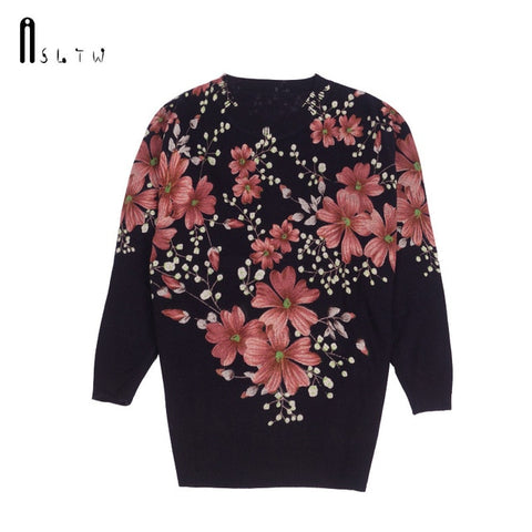 ASLTW Female Pullovers Autumn Fashion Print Long Sleeve O Neck Plus Size Print Flower Knitting Pullover Sweater For Women