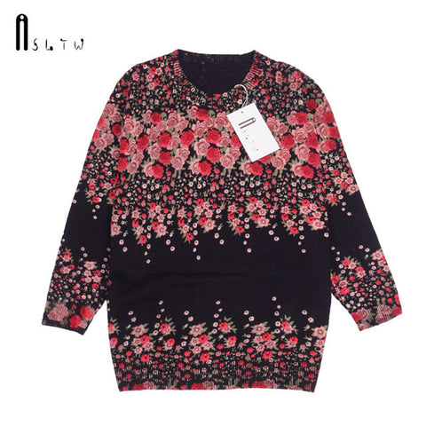 ASLTW Female Pullovers Autumn Fashion Print Long Sleeve O Neck Plus Size Print Flower Knitting Pullover Sweater For Women