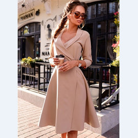 Fashion Vintage Women A-line Office Dress Vestidos Female Pure Color  Sexy V-neck Full Sleeve Party Dress YN3039