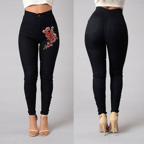 2018 ITFABS Fashion Women High Waist Emboridered Skinny Stretch Pencil Long Slim Casual Leggings Jeans