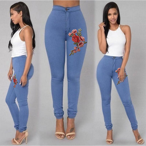 2018 ITFABS Fashion Women High Waist Emboridered Skinny Stretch Pencil Long Slim Casual Leggings Jeans