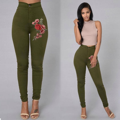 2018 ITFABS Fashion Women High Waist Emboridered Skinny Stretch Pencil Long Slim Casual Leggings Jeans