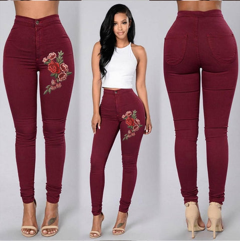 2018 ITFABS Fashion Women High Waist Emboridered Skinny Stretch Pencil Long Slim Casual Leggings Jeans