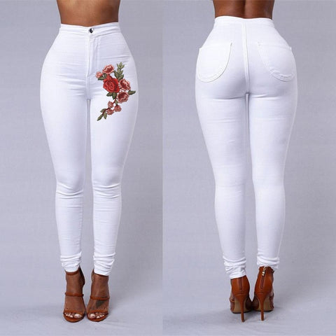 2018 ITFABS Fashion Women High Waist Emboridered Skinny Stretch Pencil Long Slim Casual Leggings Jeans