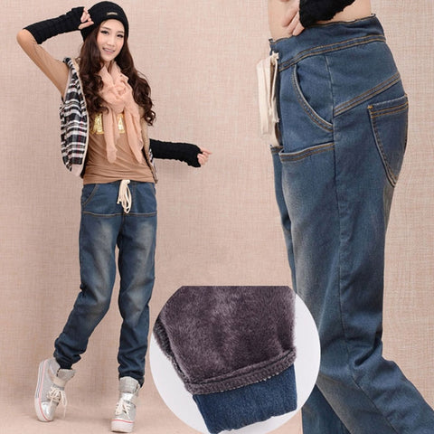 Arrival Winter Warm Jeans Women Thicken Fleece Skinny Harem Pants Trousers Elastic Waist Denim Trousers Plus Size Pants C1504