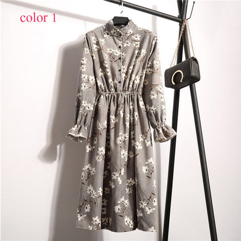 Winter Corduroy Floral Print Women Elastic Waist Autumn Winter Dress Stand Collar Beach Dress Vestidos Party Female High Quality