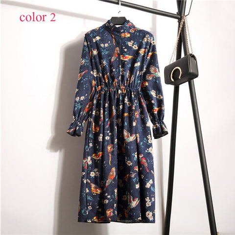 Winter Corduroy Floral Print Women Elastic Waist Autumn Winter Dress Stand Collar Beach Dress Vestidos Party Female High Quality