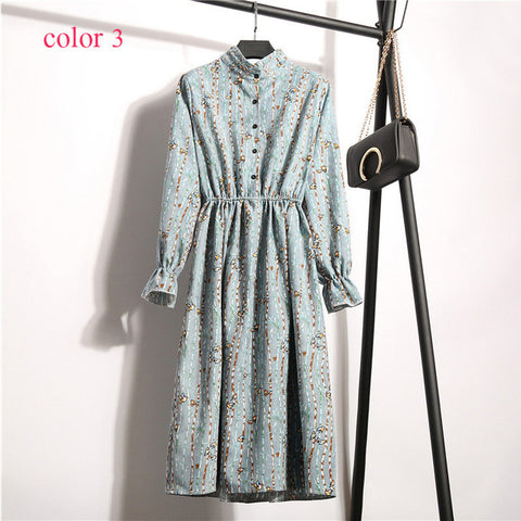 Winter Corduroy Floral Print Women Elastic Waist Autumn Winter Dress Stand Collar Beach Dress Vestidos Party Female High Quality