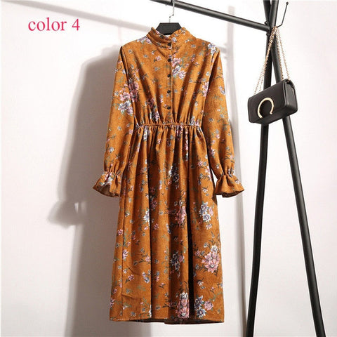 Winter Corduroy Floral Print Women Elastic Waist Autumn Winter Dress Stand Collar Beach Dress Vestidos Party Female High Quality