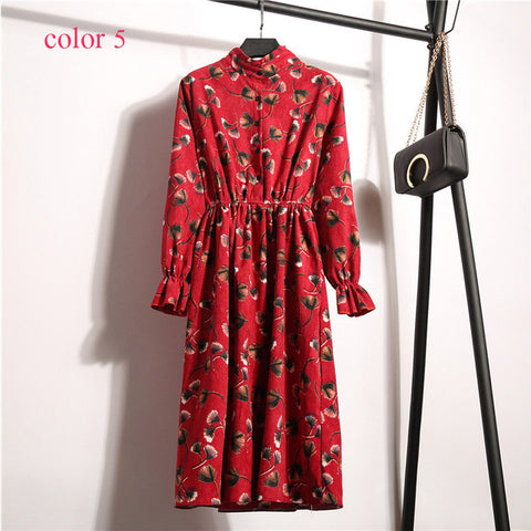 Winter Corduroy Floral Print Women Elastic Waist Autumn Winter Dress Stand Collar Beach Dress Vestidos Party Female High Quality