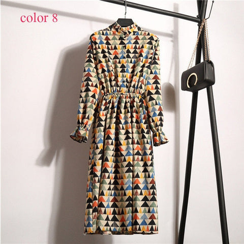 Winter Corduroy Floral Print Women Elastic Waist Autumn Winter Dress Stand Collar Beach Dress Vestidos Party Female High Quality