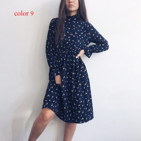 Winter Corduroy Floral Print Women Elastic Waist Autumn Winter Dress Stand Collar Beach Dress Vestidos Party Female High Quality