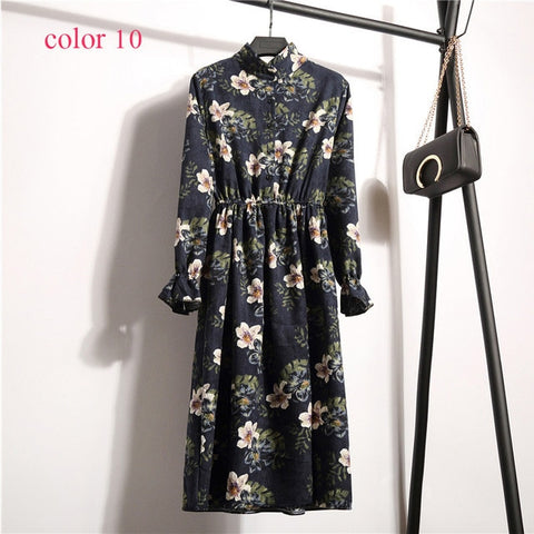 Winter Corduroy Floral Print Women Elastic Waist Autumn Winter Dress Stand Collar Beach Dress Vestidos Party Female High Quality