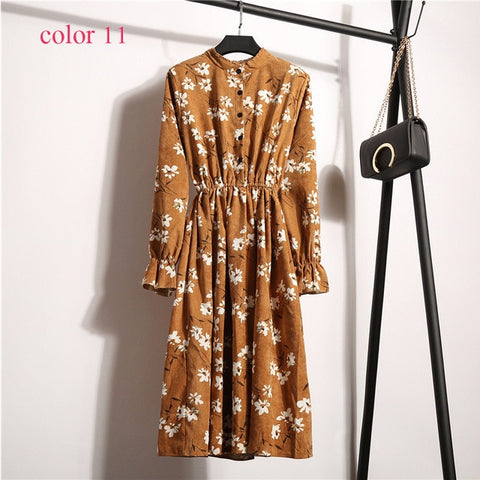 Winter Corduroy Floral Print Women Elastic Waist Autumn Winter Dress Stand Collar Beach Dress Vestidos Party Female High Quality