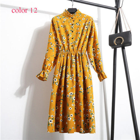 Winter Corduroy Floral Print Women Elastic Waist Autumn Winter Dress Stand Collar Beach Dress Vestidos Party Female High Quality