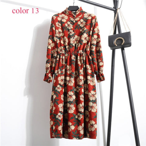 Winter Corduroy Floral Print Women Elastic Waist Autumn Winter Dress Stand Collar Beach Dress Vestidos Party Female High Quality