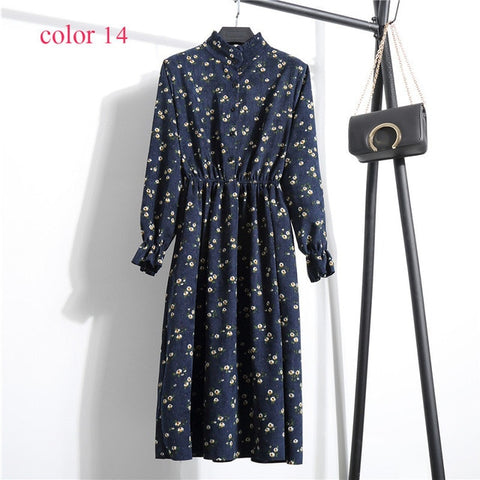 Winter Corduroy Floral Print Women Elastic Waist Autumn Winter Dress Stand Collar Beach Dress Vestidos Party Female High Quality