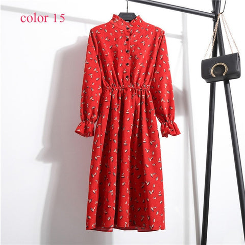 Winter Corduroy Floral Print Women Elastic Waist Autumn Winter Dress Stand Collar Beach Dress Vestidos Party Female High Quality