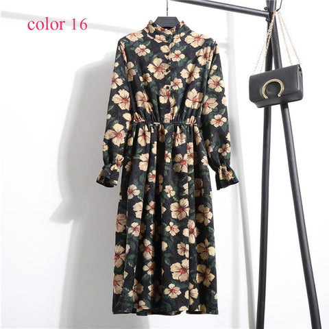 Winter Corduroy Floral Print Women Elastic Waist Autumn Winter Dress Stand Collar Beach Dress Vestidos Party Female High Quality