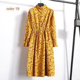 Winter Corduroy Floral Print Women Elastic Waist Autumn Winter Dress Stand Collar Beach Dress Vestidos Party Female High Quality