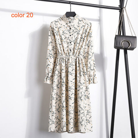 Winter Corduroy Floral Print Women Elastic Waist Autumn Winter Dress Stand Collar Beach Dress Vestidos Party Female High Quality