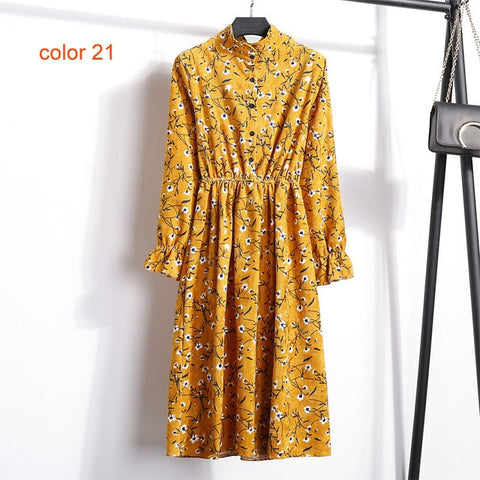 Winter Corduroy Floral Print Women Elastic Waist Autumn Winter Dress Stand Collar Beach Dress Vestidos Party Female High Quality