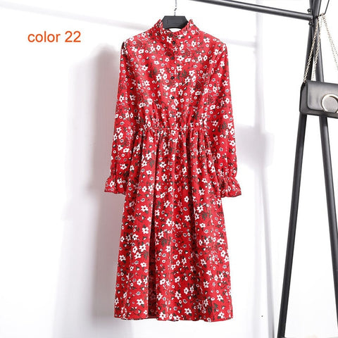 Winter Corduroy Floral Print Women Elastic Waist Autumn Winter Dress Stand Collar Beach Dress Vestidos Party Female High Quality