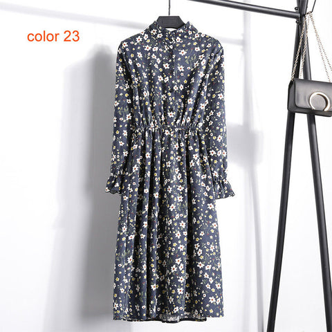 Winter Corduroy Floral Print Women Elastic Waist Autumn Winter Dress Stand Collar Beach Dress Vestidos Party Female High Quality