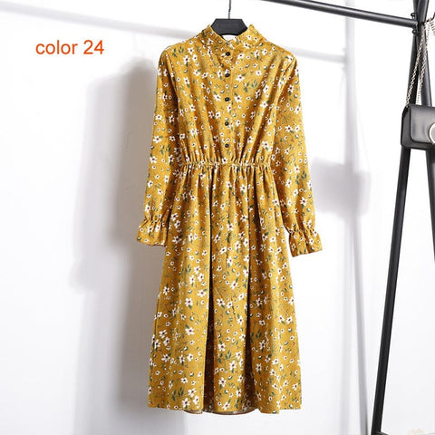 Winter Corduroy Floral Print Women Elastic Waist Autumn Winter Dress Stand Collar Beach Dress Vestidos Party Female High Quality