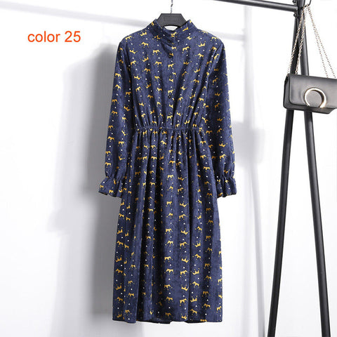 Winter Corduroy Floral Print Women Elastic Waist Autumn Winter Dress Stand Collar Beach Dress Vestidos Party Female High Quality