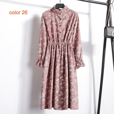 Winter Corduroy Floral Print Women Elastic Waist Autumn Winter Dress Stand Collar Beach Dress Vestidos Party Female High Quality