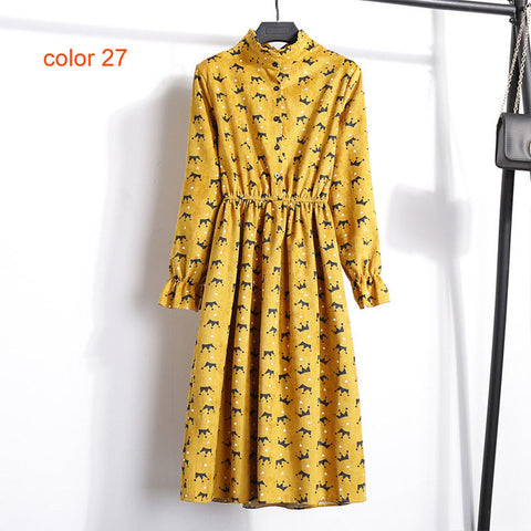 Winter Corduroy Floral Print Women Elastic Waist Autumn Winter Dress Stand Collar Beach Dress Vestidos Party Female High Quality